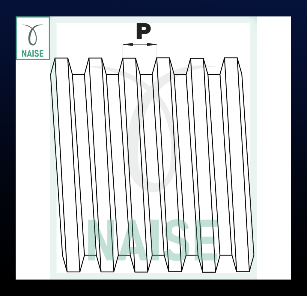 Representação técnica do passo de um fuso trapezoidal em 2D feito pela empresa Naise Industria e Comercio de Peças para Máquinas Ltda, localizada em São Paulo. No desenho é mostrado como medir o passo de um fuso de rosca trapezoidal. Para medir devemos posicionar o bico fixo do paquímetro no início do trapézio do filete da rosca e o bico móvel posicionamos no início do trapézio do próximo filete de rosca consecutivo. E dessa forma localizamos a medida do passo do fuso de rosca trapezoidal.